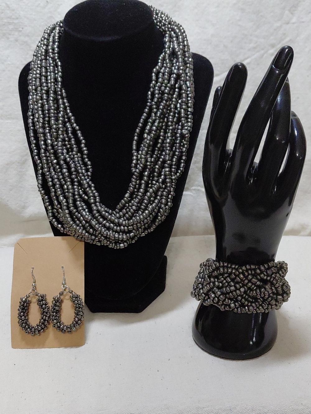Vintage Multi-Strand Hematite Bead Necklace, Bracelet & Earrings Set